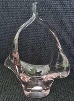 Retro cseh művészi üvegkosár – Škrdlovice (Jan Beránek), rozé/ametiszt, hibátlan, 20 cm