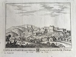 Svájc, Arbourg várának látképe a XVIII. században, antik rézkarc az 1750-as évekből