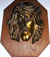 1970'S Képcsarnok MI URUNK Jézus Krisztus arca RÉZ falidísz RELIEF FA ALAPON- 20 x 16 cm hibátl
