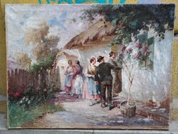 Eredeti Ács Ágoston(1889-1947) Látogatók antik olaj vászon festmény életkép