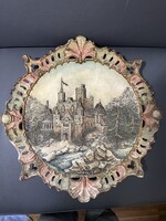 Josef Strnakt ritka  majolika fali 3 d  kastély ( óriási 44 cm)