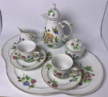 Hollóházi Hortenzia mintás porcelán kávés készlet 2 Személyes tálcával vitrin állapotban!