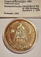 Honfoglalás emlék érem sorozatból Attila az Isten kardja aranyozott sorszámozott emlékérem