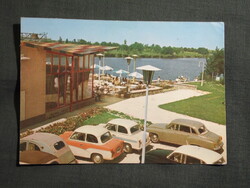 Képeslap,Szelidi tó,Tó vendéglő,étterem,terasz,szálló,Trabant,Wartburg autó látkép,részlet, 1968-