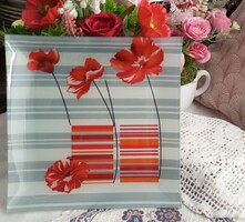 Pipacs mintás üveg tál, tálca szögletes kivitel 24 cm