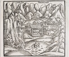 Leukerbad, Termálfürdő, Svájc – antik XVI. századi fametszet az 1550-ben kiadott Cosmographiából