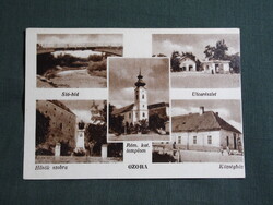 Képeslap,Ozora,mozaik,Sió híd,templom,hősök szobra,községháza,Farkas György trafik Ozora kiad,1945-