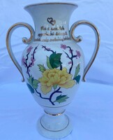 Nagy Hollóházi porcelán kétfüles váza – Házassági évfordulós/Jubileumi felirattal (28,5 cm)
