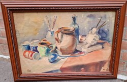 Szekfű János (1910-2004) Asztali Csendélet Köcsögökkel,Ecsetekkel