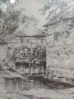 Holland művész alkotása, vízimalom Oostendorp Haaksbergen-ben, 40*30 cm, rajz, tusrajz, kép