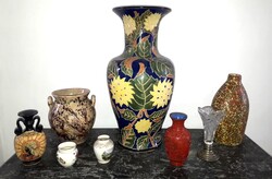 10 db. kerámia, porcelán, ezüst + kristály-üveg / népi, görög, kínai, Zsolnay, Aquincum,Tófej,,,
