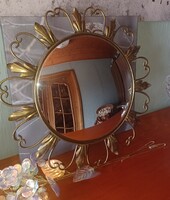 Belga vintage Deknudt naptükör, Hollywood Regency domború boszorkánytükör, sárgaréz-arany színű fém