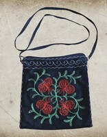 Vintage hímzett fekete bársony válltáska / szütyő (Gránátalma motívummal)