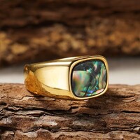 Abalone Kagyló Gyöngyház Berakással Vintage Gyűrű Orvosi Fém Aranyozott Hipoallergén +Ékszerdoboz Új