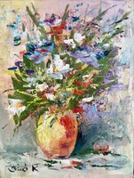 Vadvirágok vázában. Kiemelkedően szép virágcsendélet 24x18 cm.