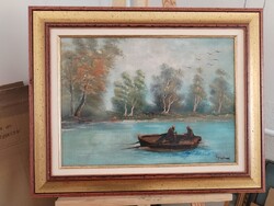 Egry József szignóval szép tájképfestmény csónakkal 69x55 cm kerettel