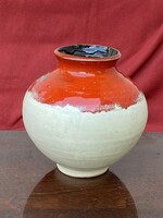 PÁZMÁNDI ANTAL (PA) - JELZETT, GÖMB ALAKÚ, IPARMŰVÉSZETI VÁLL, RETRO KERÁMIA VÁZA 17 CM