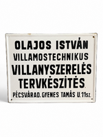 Magyar iparos zománc tábla - „Olajos István villamostechnikus" - 45×35 cm
