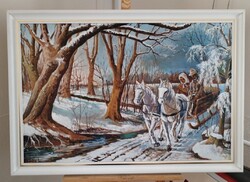 Szép szignózott nagyméretű téli tájkép / életkép festmény 100x70 cm kerettel