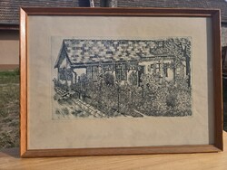 A1821 Bence Klári Kiskert Zebegényben próbanyomat rézkarc 1982 57x42 cm