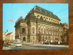 Képeslap, Csehszlovákia, Prága, Nemzeti színház, korabeli buszokkal