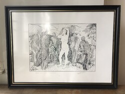Bene János (1957–): Zsuzsanna and the elders – Rare, monumental PRÓBANYOMAT, framed (77x54 cm)