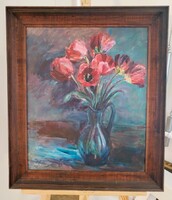 Jadwiga Horzycka - Jelzett olajfestmény: Pipacsos virágcsendélet 61x73 cm kerettel