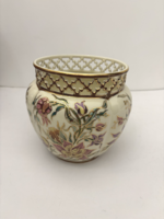 Zsolnay lilliom mintás, dús festésű áttört porcelán kaspó hibátlan