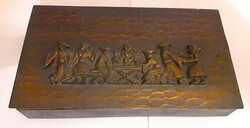1970'S.RÉZ-BRONZ BRUTALISTALIGNIFER-DÍSZDOBOZ jelenetes domborműves SZÜRETI MULATSÁG- HIBÁTLAN