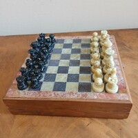 Pazar régi márvány sakk készlet, márványlapos dobozával (16,5x16,5x3,8 cm)