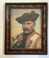 Festmény: Pipázó férfi - Pontyos József magyar festő képe eredeti keretben