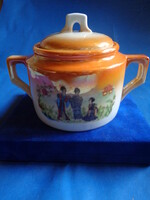 Antik Zsolnay porcelán cukortartó narancssárga irizáló mázzal és japán alakos díszítéssel.