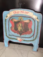 Ritka antik festett népi ágyvég, vagy ágyfej – Egyedi kutyás motívummal (104x93 cm)