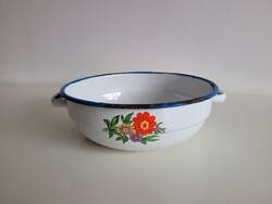 Régi 26 cm zománcos virág mintás zománcozott tál lábas Bonyhád vintage dekoráció