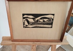 Ritka szignózott Makray Zsuzsa linómetszet Tokaj 1973 - 37x30 cm kerettel