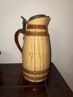 Zsolnay sörös/boros hordó forma kiöntő, ón fedéllel. korai darab Z.W. Pécs jelzés 12-es formaszám