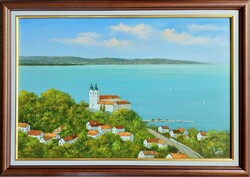 Tihanyi látkép a Balatonnal – Lantos György eredeti olajfestménye (40x60 cm)