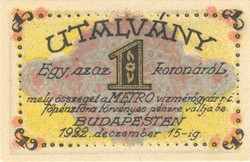1 korona utalvány 1922 Metro