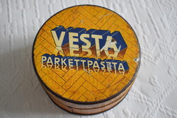 Reklám pléh doboz VESTA PARKETTPASZTA ,, Terpene " Budapest 10 x 4,5 cm 70es évek
