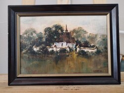 (FBL1) Ewa Hoppe-Nowicka tájkép ritka korai olajfestmény, 1983 34x25 cm kerettel