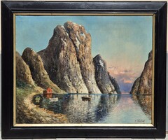 Karl Kaufmann (H. Elmblad): Norvég Fjord, 19. sz. végi olaj-vászon festmény, restaurált állapotban