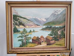 H. Ekström tájkép festmény Loenvann tó norvégia 1949. 75x59 cm kerettel