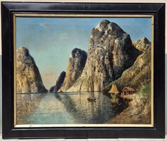 Karl Kaufmann (H. Elmblad): Norvég Fjord, 19. sz. végi olaj-vászon festmény, restaurált állapotban
