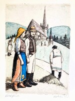 Kohári Kucharik Jenő (1903-?): Kőrösfőiek népviseletben, színezett antik rézkarc, 1930-as évek