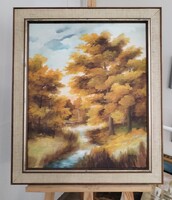 Ove Hagman tájkép festmény erdő kis patakkal 62x74 cm kerettel