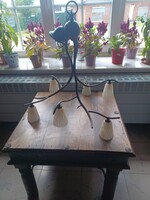 Olasz vintage LAM 6 karú csillár - Kovácsoltvas faág lámpa redőzött szatinált üvegburákkal