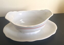 Retro Zsolnay porcelán szószos tál ,tálalátéttel – piros csíkos, pajzsjelzéssel 21X14 cm