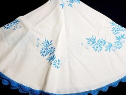 Blue Flower Pattern Embroidered Large Round Tablecloth with Crochet Edge approx. 145 cm