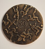 1971. ‘Pécsi Bányász – 50’ kétoldalas, öntött bronz jubileumi emlékérem , plakett   8,4 cm