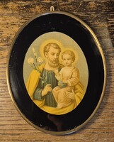 Antik rézkeretes Szent Antal üvegkép a gyermek Jézussal 1894-ből